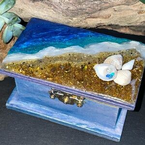 Real Sand Ocean Themed Resin Topped Jewelry Trinket Pine Box